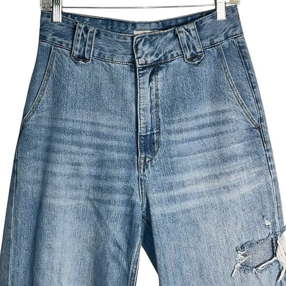 ZGY Denim High Rise Distressed Wide Leg Jeans Size 28 Raw Hem Straight Fit - Picture 2 of 9